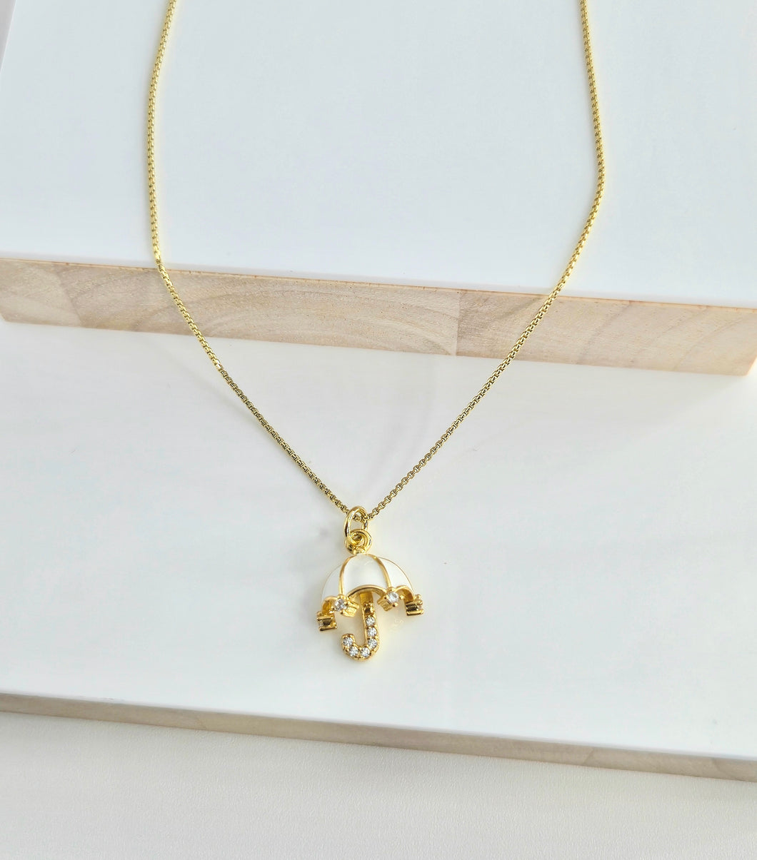 White Enamel & Gold Umbrella Necklace